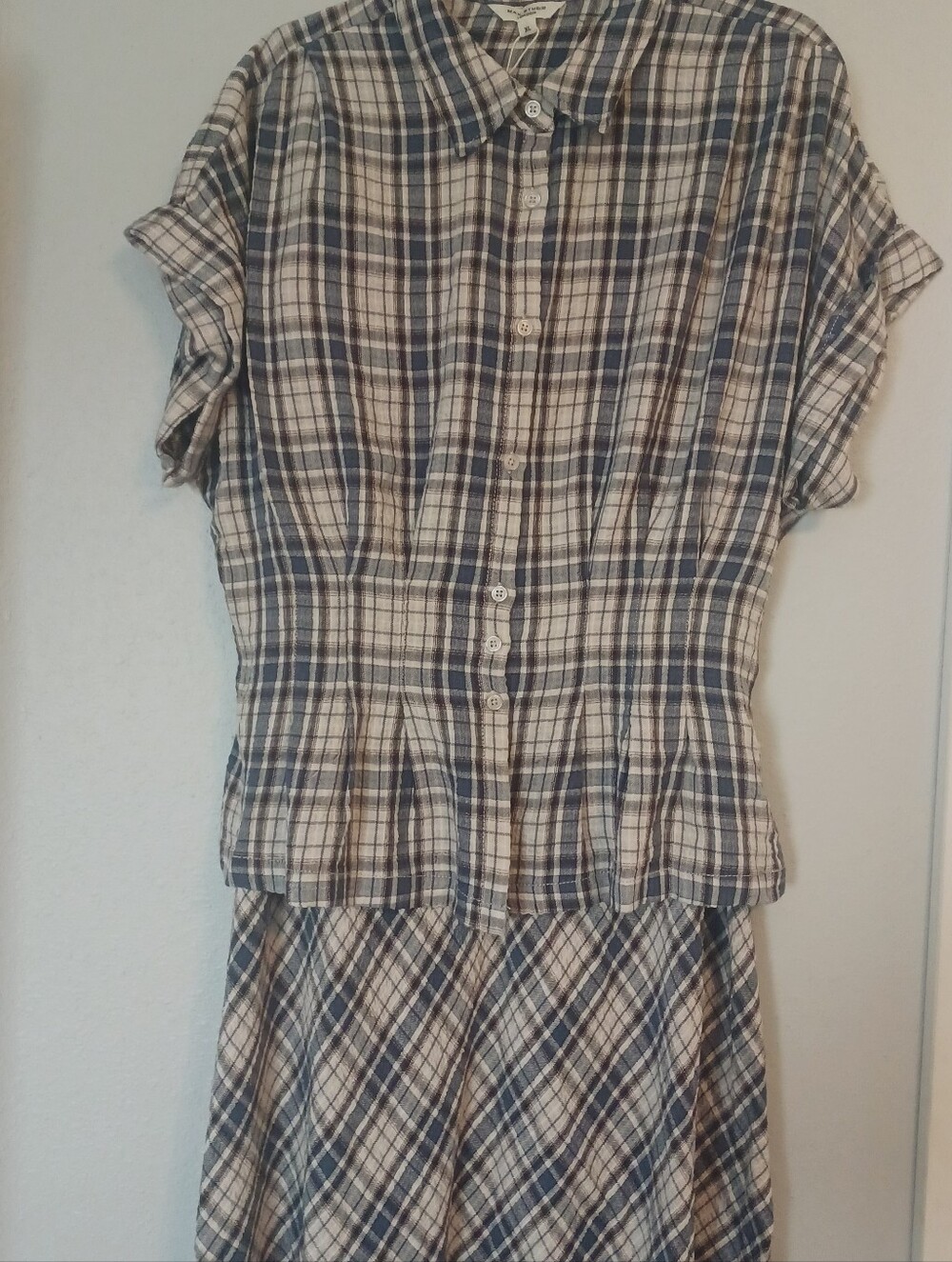 Max Studio London Plaid Blue Set Peplum Top Straight Maxi Skirt Size XL Office